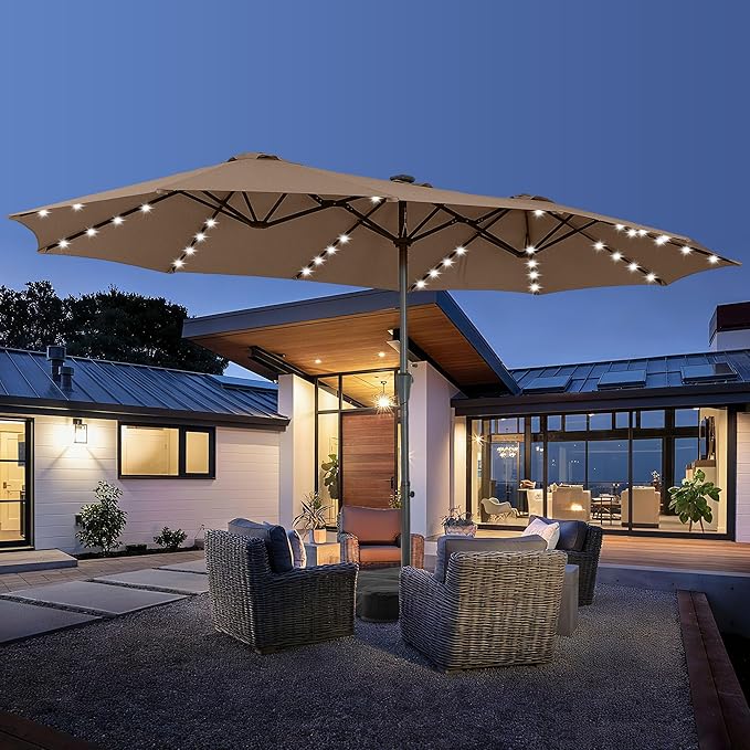 15 ft Patio Umbrella with 48 LED Lights, Large Rectangle Outdoor Solar Umbrella with Matching Base, Strap, Crank, Coffee