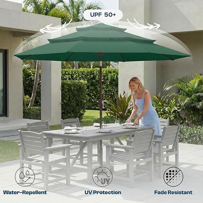 10ft Patio Umbrella, 3 Tier Outdoor Market Table Umbrellas with 8 Fiberglass Ribs and Push Button Tilt, Windproof, Vented Canopy, UV Protection for Deck, Pool, Backyard