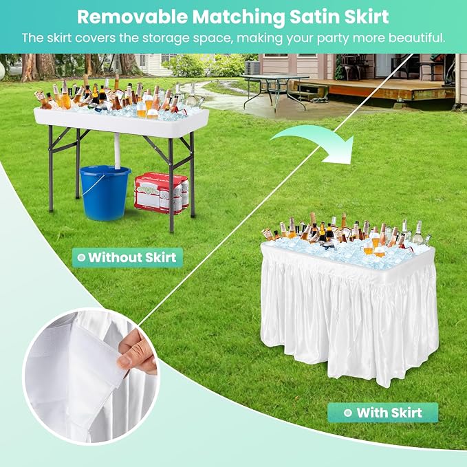 LDAILY Cooler Table, Outdoor Beverage Ice Tables for Parties with Drain, 3” Deep Sink, Removable Matching Skirt, Portable Folding Fish Cleaning Table for Camping, Picnic, Wedding, BBQ, Buffet (White)
