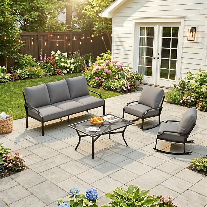 AECOJOY Patio Furniture Set, 4-Piece Metal Mesh Rocking Set, Light Gray | Rust-Resistant Steel Frame, Breathable Mesh, 5" Cushions, 28D High-Density Sponge, for Porch, Deck, Backyard and Garden
