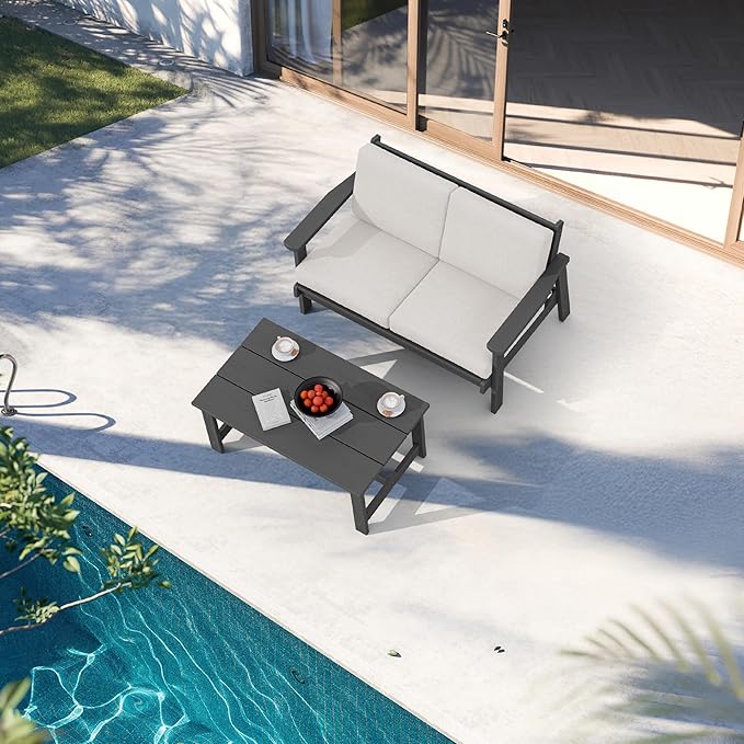 SERWALL Outdoor Loveseat, Grey Frame and Khaki Cushion