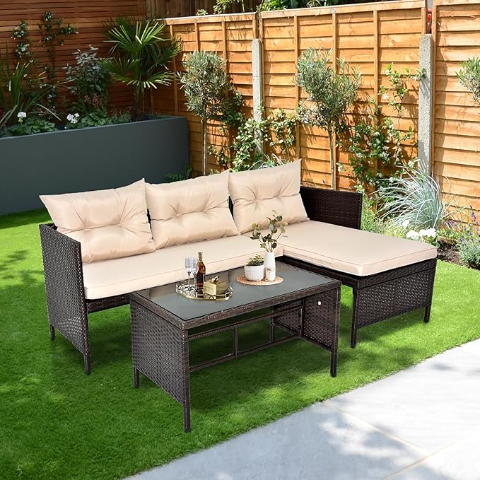 3 Piece Patio PE Rattan Furniture Sets, All-Weather PE Wicker Outdoor Sofa Couch Sectional Set, Patio Wicker Conversation Loveseat Sofa Small Conversation Set for Garden/Patio w/Cushion, Glass Table