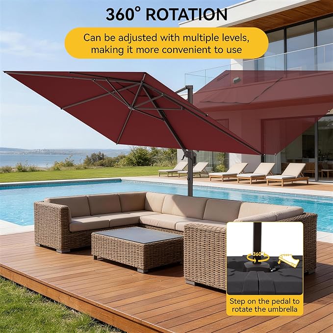 9x12 FT Cantilever Patio Umbrella with Base, Large Rectangular Offset Outdoor Umbrella with 360° Rotation, Heavy Duty Shade Umbrella for Garden Backyard Deck Poolside Courtyard, Red