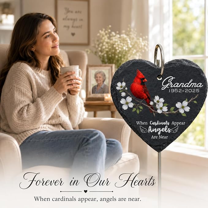 Memorial Garden Stones for Loved Ones, Red Cardinal Garden Stones in Memory of Dad Mom, Bereavement Sympathy Gift for Loss, Weatherproof Outdoor Memorial Plaque Stone, Remembrance Natural Stone