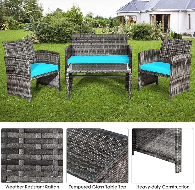HAPPYGRILL 4 Pieces Patio Conversation Set with Soft Cushions Rattan Furniture Set with PE Wicker Coffee Table & Sofa Chairs for Garden Poolside Porch Backyard