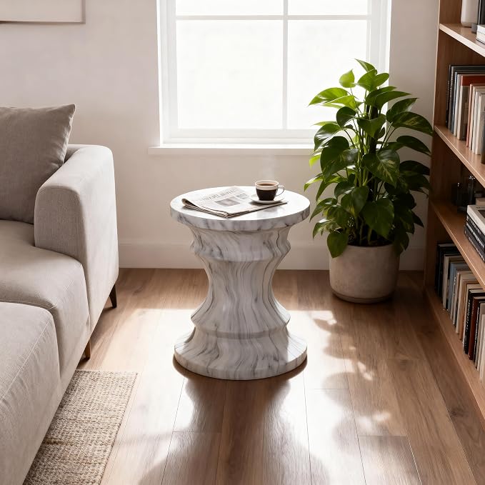 15.35" Cement End Tables for Patio,Round Side Faux Terrazzo Accent Table | Modern Small Tree Stump Garden Stool Drum Indoor and Outdoor,Light Grey