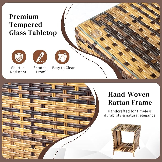 Outdoor Wicker Side Table, 18.1" Square End Table with Tempered Glass Top & Storage Shelf, Resin Wicker Coffee Table for Patio, Porch, Backyard, Balcony,Yellow