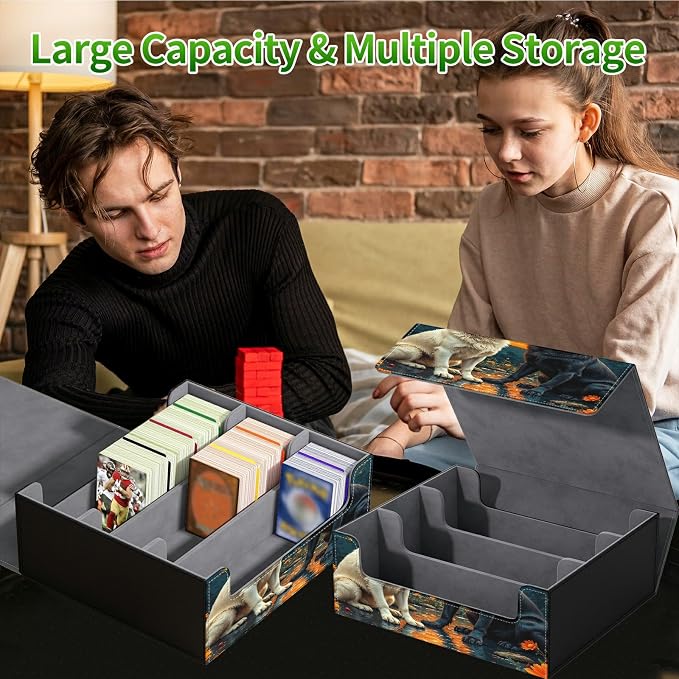 Large Card Deck Box for MTG, Fits 1200+ Sleeved Cards, PU Leather Storage Case with Strong Magnetic Closure, Multiple Colors for TCG CCG Baseball Card Collections, Black White Wolf
