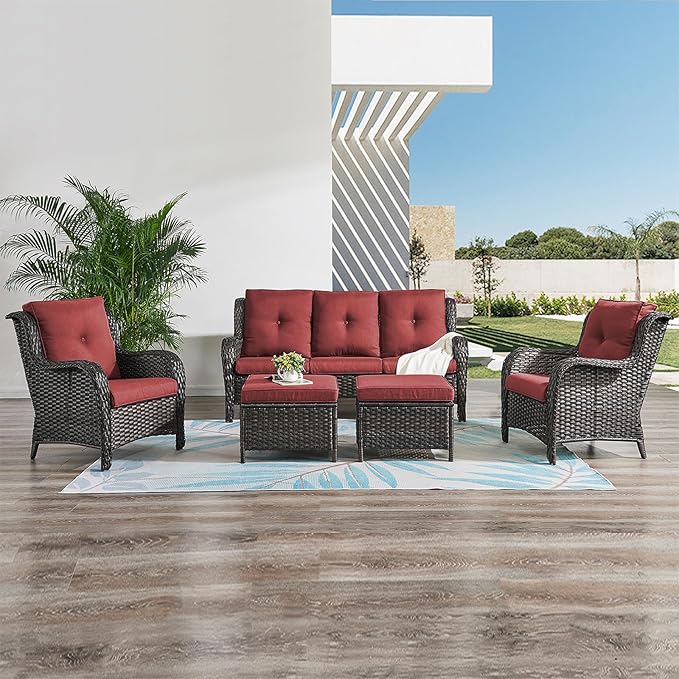 Rilyson Outdoor Couch Wicker Patio Sofa - 3 Seat Rattan Sofa with Deep Seating and Comfortable Cushions for Outside Porch Deck Balcony Garden(Brown/Red)