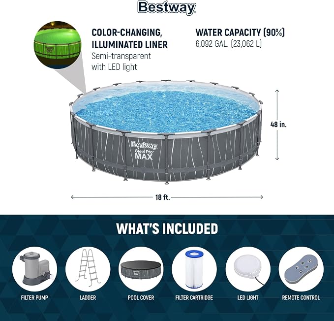 Bestway Steel Pro MAX 18' x 48" Above Ground Pool, Round Metal Frame Outdoor Swimming Pool Set with LED Light, Filter Pump, Ladder, & Cover, Dark Gray
