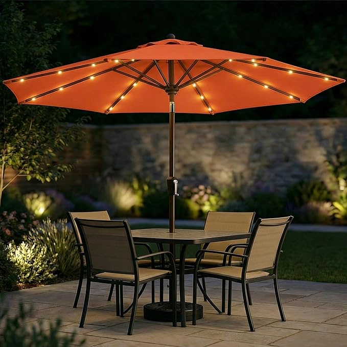 10FT Solar Patio Umbrella with Lights, Outdoor Table Market Umbrella with 32 LED Lights, 8 Sturdy Ribs, Push Button Tilt and Crank for Pool, Deck and Garden, UV-Resistant