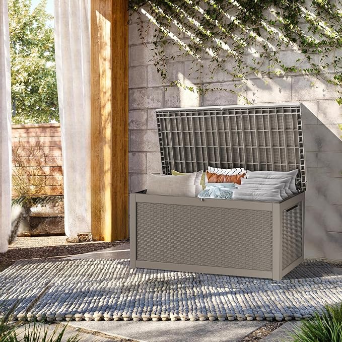 TARKARI 330 Gallon Outdoor Storage Box Waterproof, Resin Deck Boxes with Lockable Lid & UV-Resistant for Patio, Pool, Garden Furniture Cushions & Accessories, Coffee