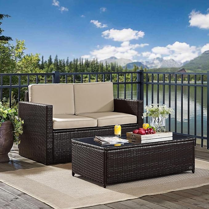 Outdoor Patio Conversation Set - Wicker Loveseat & Table - Brown