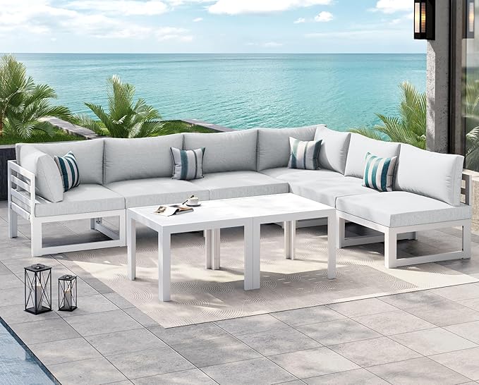 NICESOUL 8 Piece Luxury Aluminum Outdoor Sectional Sofa with Side Table, Large L Shaped Patio Furniture Set, 29" Deep Wide Seating, 500 lbs Heavy Duty Conversation Set for Backyard Garden, Light Gray