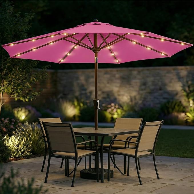 10FT Solar Patio Umbrella with Lights, Outdoor Table Market Umbrella with 32 LED Lights, 8 Sturdy Ribs, Push Button Tilt and Crank for Pool, Deck and Garden, UV-Resistant