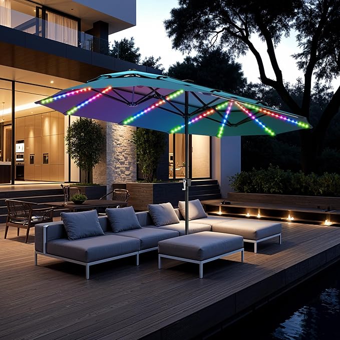 PHI VILLA 13ft Patio Umbrella with 120 PCS Solar-Powered LED Color-Changing Lights, 2-Tier Double-Sided Large Rectanglular Umbrella with Base Included, Blue&Cerulean