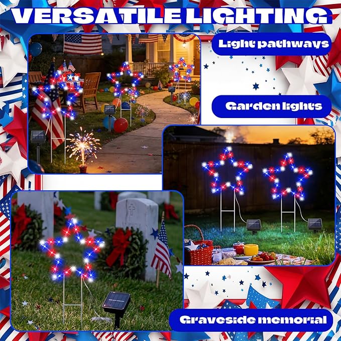 Retisee 3 Pcs 250th Anniversary 4th of July Solar Lights, 12.7 Inch Patriotic Red White Blue LED Yard Stakes, Solar Powered Garden Lawn Pathway Decor for Memorial Display, 6–8 Hour Runtime