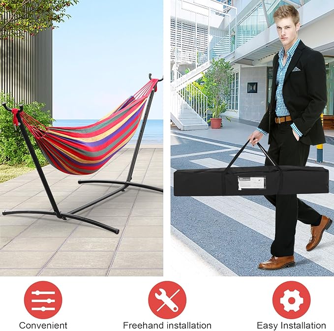 Double Hammock Portable Camping Hammock with Heavy Duty Steel Hammock Stand and Carrying Bag for Outdoor Patio Backyard Indoor,Red (Red)