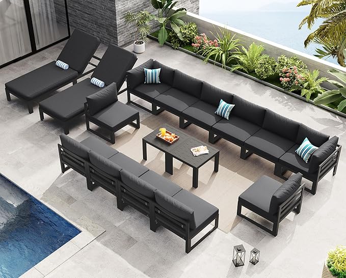 NICESOUL Large Luxury Aluminum Outdoor Sectional Sofa with Chaise, Weather Resistant Modular Patio Furniture Set for 14 People, 500 lbs Heavy Duty Conversation Couch for Poolside Deck, Dark Gray