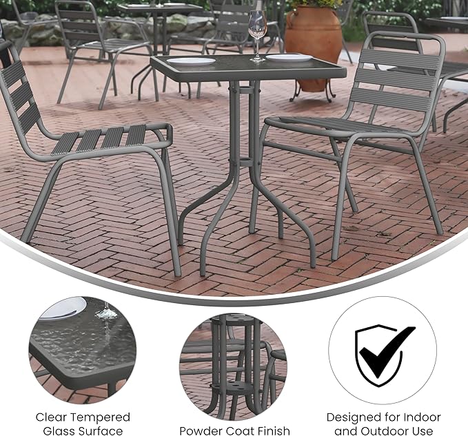 EMMA + OLIVER Benji Patio Dining Table - Silver Metal Frame - 23.5" Square Tempered Glass Top - Suitable for Indoor/Outdoor Use