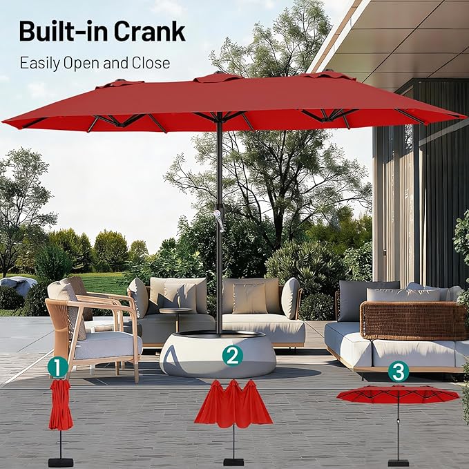 AreShark 15FT Outdoor Patio Umbrella with Crank, Large Rectangular Market Umbrella, Double-Sided Outdoor Umbrellas with Cross Base & Sandbag for Porch, Lawn, Pool, Backyard, Red