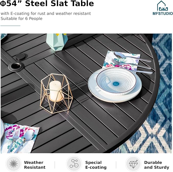 MFSTUDIO 7-Piece Patio Dining Set, 54" Round Metal Table, Swivel Chairs | Mixed Swivel and Fixed Chairs, Umbrella Hole, Red