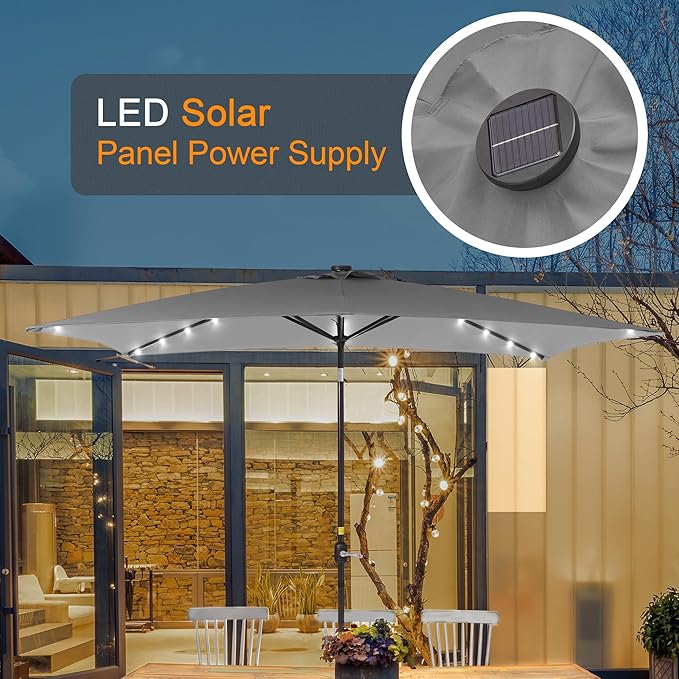 Rectangle Patio Umbrella with Solar Lights, 6x9ft Outdoor Rectangular Table Market Umbrella Patio with Push Button Tilt and Crank for Pool, Deck, Garden,Backyard
