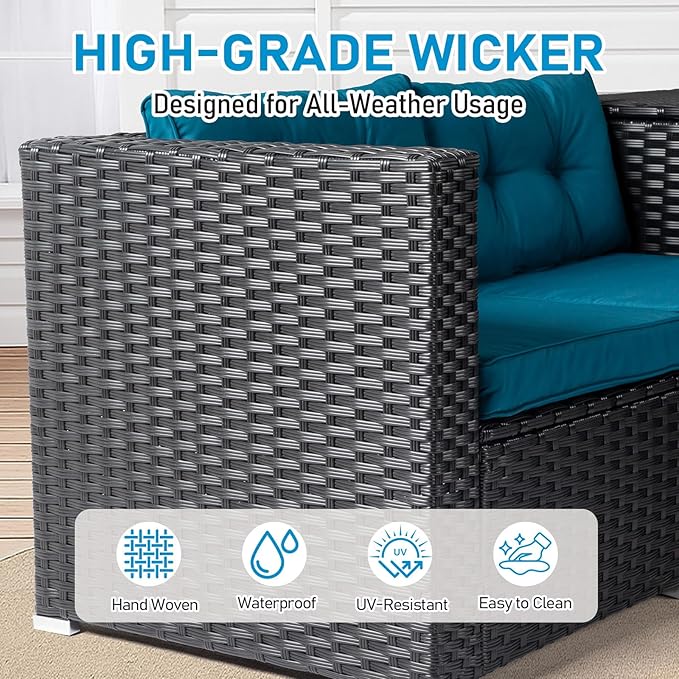 VINGLI 4 Pieces Outdoor Sectional Wicker Patio Furniture Set, Patio Sectional Sofa with Hidden Storage Outdoor Conversation Set, Glass Top Coffee Table for Backyard, Pool, Garden(Black)