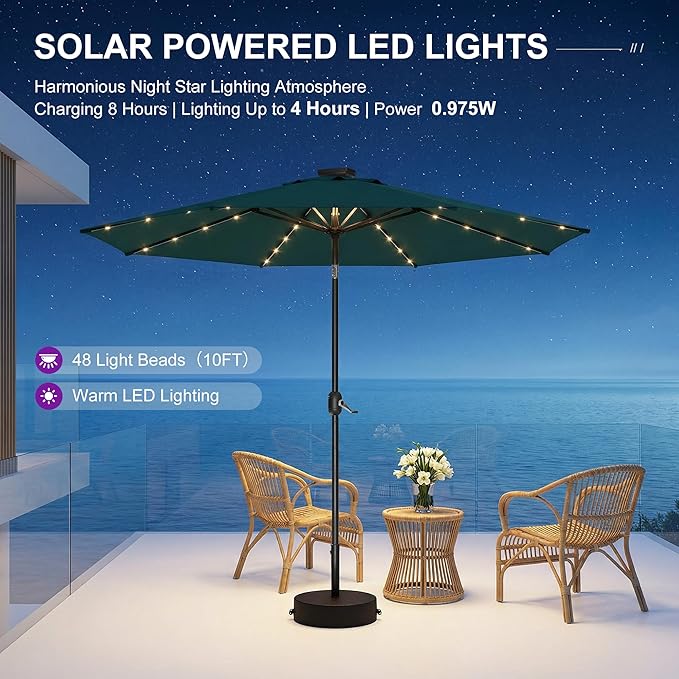 PURPLE LEAF 10' Round Patio Umbrella with Solar LED Outdoor Table Umbrella Aluminum Frame Market Umbrella with 8 Sturdy Ribs & Tilt for Garden Deck Lawn Pool Turquoise Blue