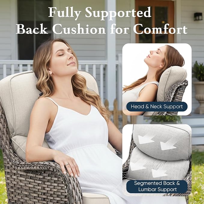 Belord Luxury 6" Thick Cushioned 11 Pieces Patio Furniture Set with Fire Pit Table, Wicker Outdoor Conversation Set with High Back Swivel Rocker Chairs for Deck Porch Yard and Poolside - Grey+Beige