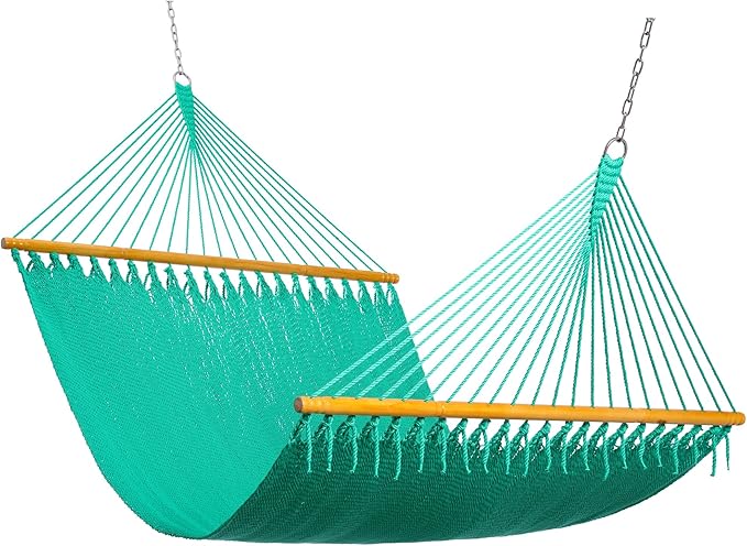 Classic Caribbean Hammock - Hand Woven with Wooden Spreader Bars, Sunlit Green Rope Net, 79 Inch Wide x 12 Ft Long, Double Person, Outdoor Garden Patio Backyard, Tropical Relaxation