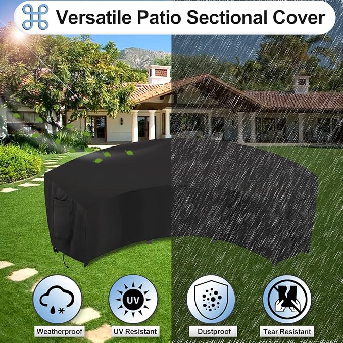 OutdoorLines Waterproof Curved Outdoor Sectional Cover - UV Resistant Windproof Patio Sectional Sofa Covers for Deck, Lawn and Backyard, Heavy Duty Furniture Covers (190Lx36Dx39Hx128FL, Black)