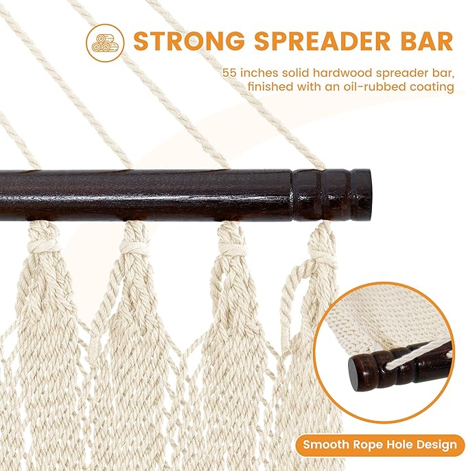 Lazy Daze Hammocks 13 FT Extra Large 2+ Person Caribbean Rope Hammock, Hand Woven Polyester XL Hammock with Spreader Bars, for Outside Outdoor Backyard Patio Poolside, 500 LBS Capacity, Gream