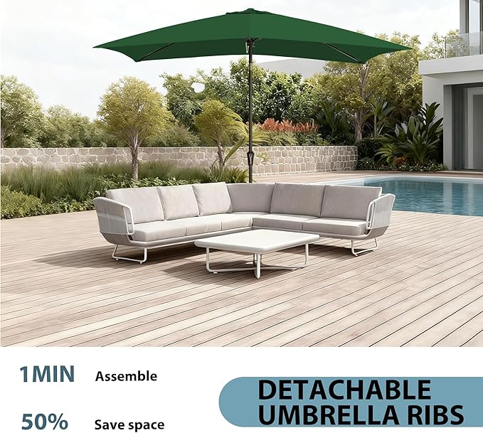 6.5x10FT Rectangular Patio Umbrella with Push Button Tilt & Crank Lift for Garden,UV Protection Outdoor Umbrella for Deck,Pool and Yard,Green