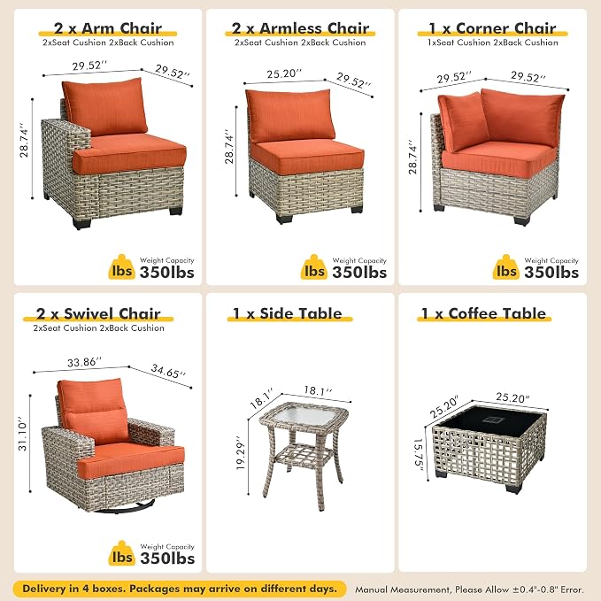 9 Pcs Outdoor Sectional Patio Furniture Set with Swivel Rocking Chairs - All Weather Wicker Modular Outside Sectional Couch,Patio Seating Outdoor Conversation Set for Deck Yard Garden,Orange Red