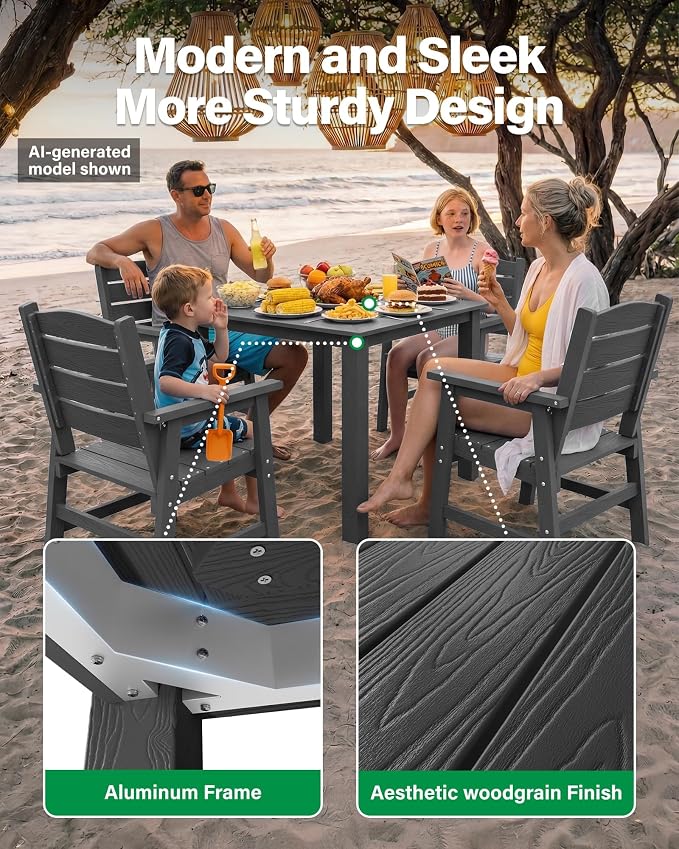 YEFU HIPS Patio Dining Sets: 8-Piece All-Weather Outdoor Table and Chairs with Aluminum Frame & Wood Grain Tabletop - Low-Maintenance Patio Dining Set for 6 Modern Furniture for Family with Deck Grey