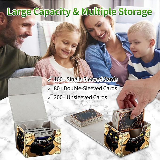 Card Deck Box for MTG, Cards Storage Box Fits 120+ Sleeved, Leather Small Size Strong Magnetic Closing Card Case for Board Games Magic TCG CCG Baseball Collection, Yellow Eyed Cat