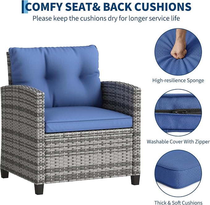 GarveeHome 3-Piece Patio Furniture Set, PE Rattan Wicker Outdoor Sofa Set with Washable Cushions & Tempered Glass Tabletop, Conversation Set for Garden, Poolside, Balcony (Gray Wicker & Blue Cushions)