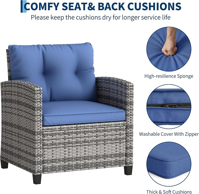3 Piece Wicker Patio Furniture Set, Outdoor Rattan Chairs with Side Table, All-Weather Conversation Set with Cushions for Balcony, Porch, Backyard, Grey & Blue