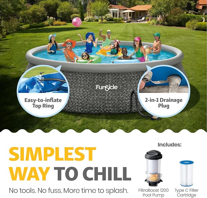Funsicle Quickset Designer 18' x 48" Round Above Ground Swimming Pool, with FiltraBoost 1200 GPH Filter Pump, Ladder, Type C Filter Cartridge & Repair Patch, Dark Herringbone