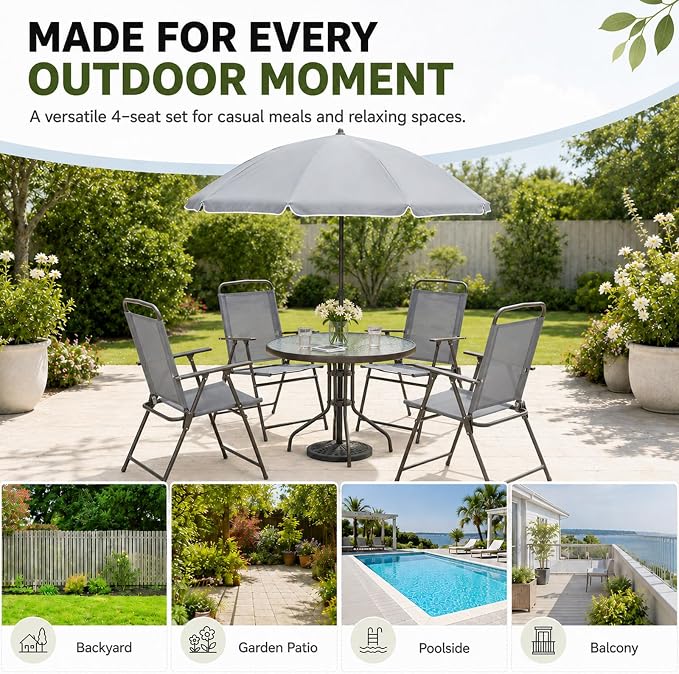 6-Piece Patio Dining Set for 4 with Umbrella, Outdoor Table and Chairs Set with 4 Folding Chairs, Round 31.5" Tempered Glass Table for Garden Backyard Poolside, Gray