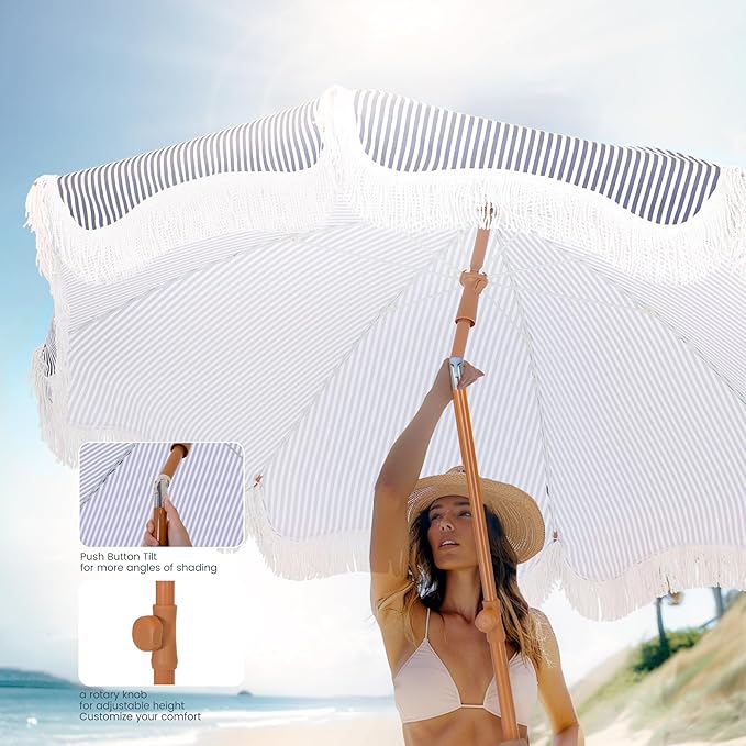 PHI VILLA 7ft Fringe Beach Umbrella with Sand Anchor, Outdoor Patio Portable Beach Umbrella for Sand with Tassels, Push Button Tilt & Carrying Bag, UPF 50+, Stripe Blue & White