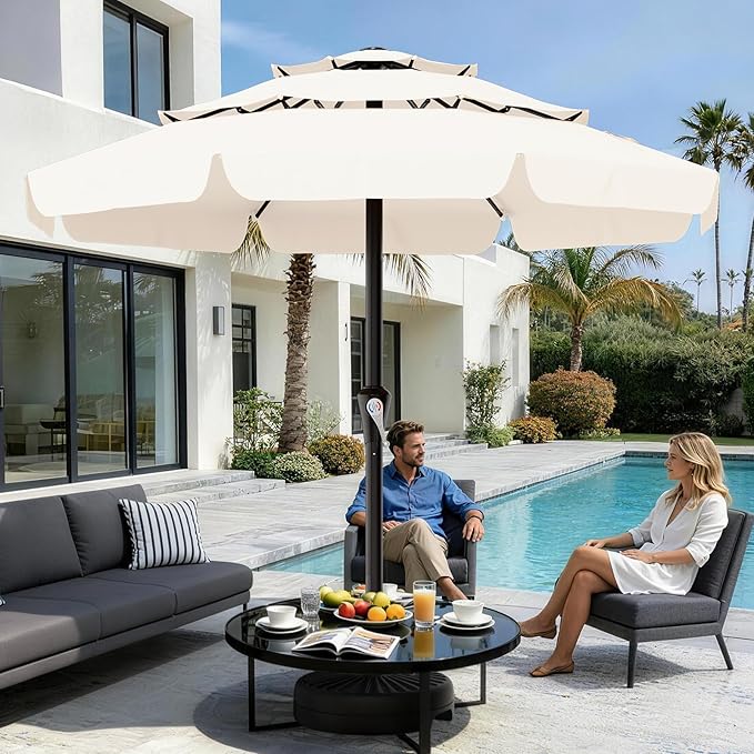 AreShark 11FT 3-Tiers Patio Umbrella with Valance, Outdoor with Crank, Large Outdoor Market Umbrellas Vented with 8 Sturdy Ribs, Patio Table Umbrellas for Garden, Deck, Backyard, Pool, Cream White