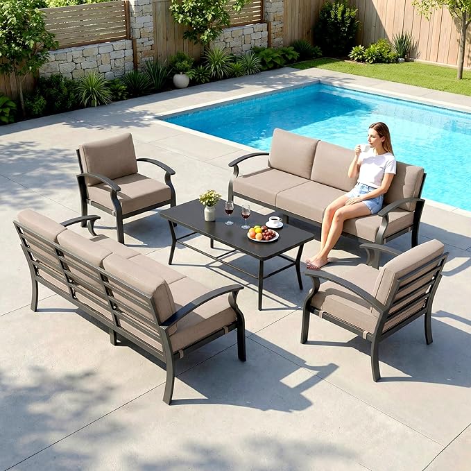 Aluminum Outdoor Patio Furniture Set,8 Seats Patio Conversation Sets with Rectangular Coffee Table,Metal Patio Sectional Furniture Set with 5.1" Thickened Cushions,Sand