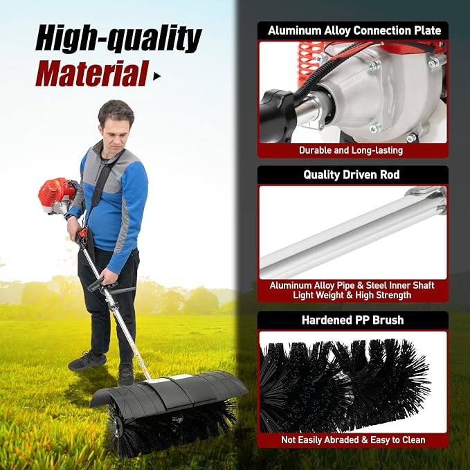 52CC 2-Stroke Gas Lawn Sweeper Cleaner Tools, 2.3HP Gas Powered Sweeper Brush Broom with Single Cylinder & Air-Cooled, Lawn Snow Sweeping Broom for Cleaning Driveway Turf Lawns Artificial Grass
