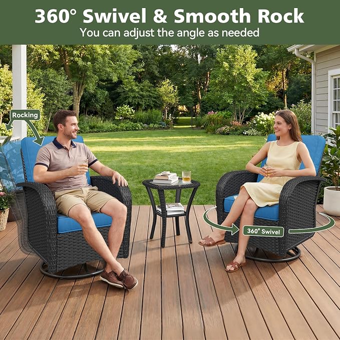Aoxun 13 Piece Outdoor Patio Furniture Set with 44'' Fire Pit Table, Wicker Rattan Outdoor Furniture with High Back Swivel Rocker Chairs, Outdoor Sofa Set with Thick Cushion & Ottoman, Peacock Blue