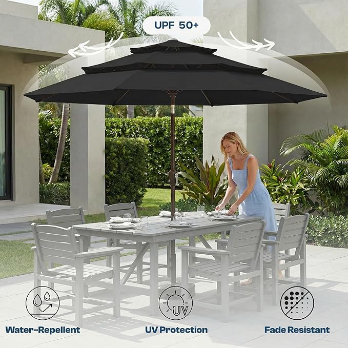10ft Patio Umbrella, 3 Tier Outdoor Market Table Umbrellas with 8 Fiberglass Ribs and Push Button Tilt, Windproof, Vented Canopy, UV Protection for Deck, Pool, Backyard