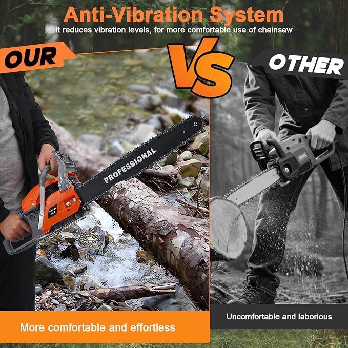 60CC 2-Cycle Gas Powered Chainsaw, 2.8KW Gasoline Chain Saw Cordless, 22Inch Gas Chainsaw Handheld for Wood Cutting and Garden Pruning