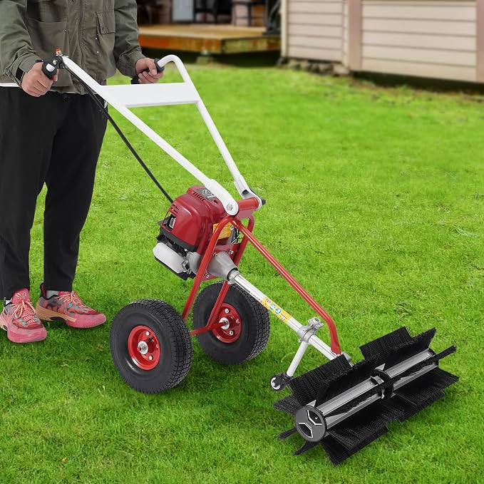 Gas Handheld Lawn Sweeper, 4 Stroke Snow Sweeping Broom Driveway Turf Lawns Artificial Grass Power Brush Lawn Sweeper Cleaner Tools, 23.62 x 23.62 x 37.8In