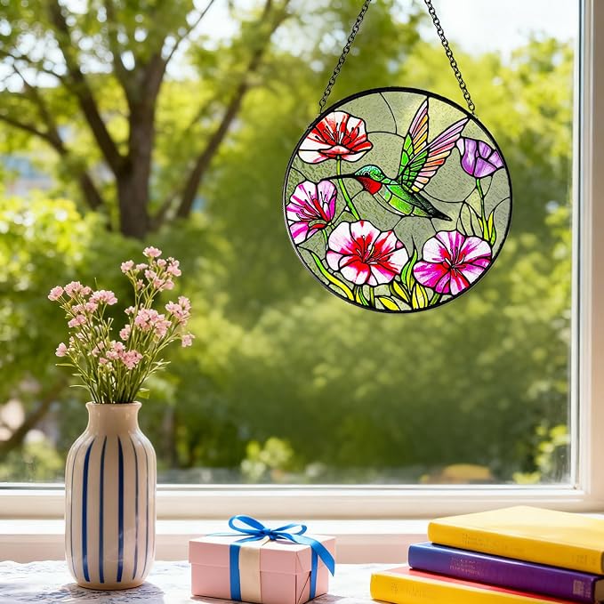 Hummingbirds Suncatcher Stained Glass, Hummingbird Suncatcher Ornament, Hummingbird Suncatcher for Grandma/Mom/Women (Red Flower Bird)